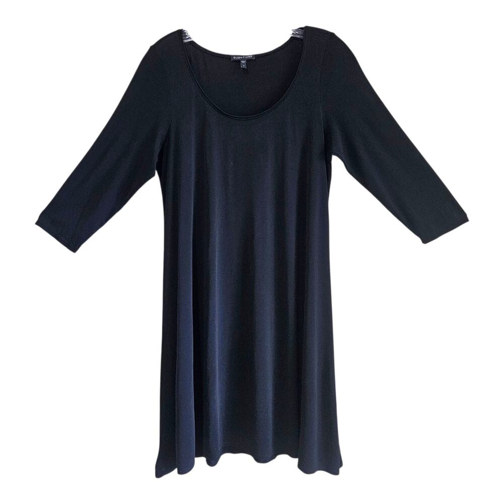 EILEEN FISHER Women's M 100% Silk Dress Black 1/2 Sleeve Above Knee Classic